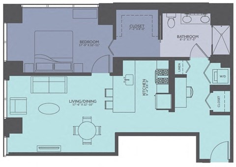 Floor plan for 1 bed, 1 bath, 937 sqft